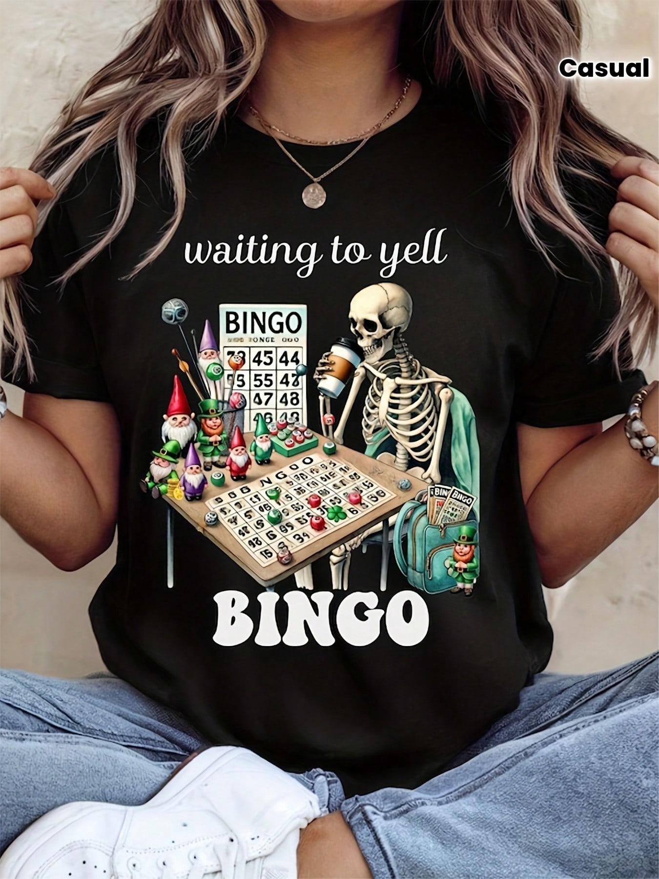 Party Games Bingo - تي شيرت كاجوال برقبة دائرية وأكمام